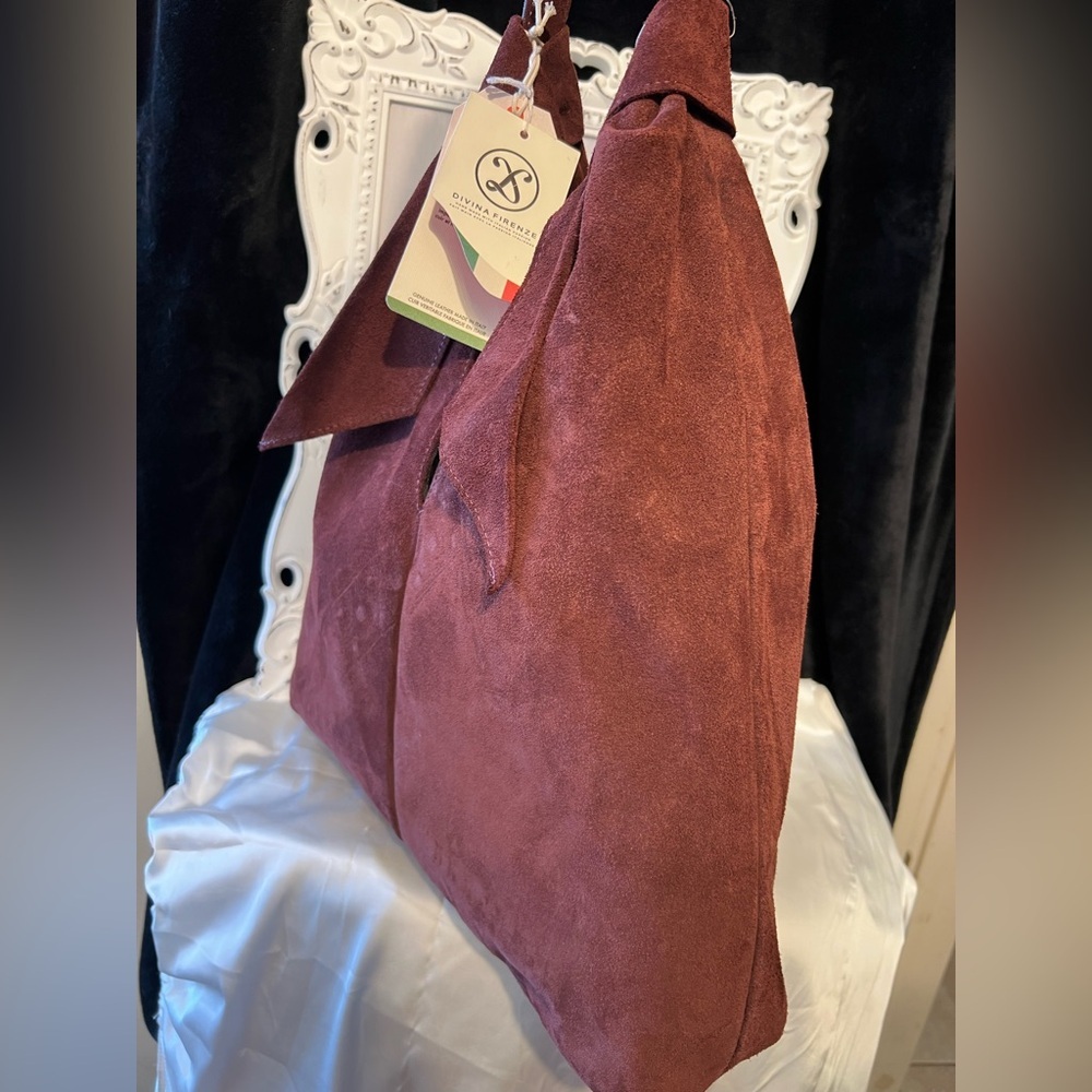 🍷Divina Firenze Gorgeous Wine Genuine Suede Leather Slouchy Hobo Bag 🍷NWT - Picture 12 of 17